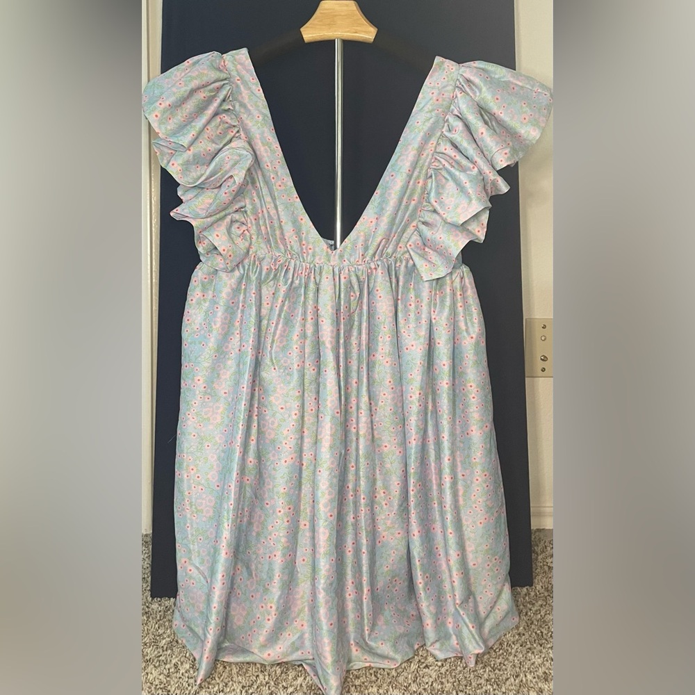 Storia Blue Floral Ruffle Sleeve Dress | Size M